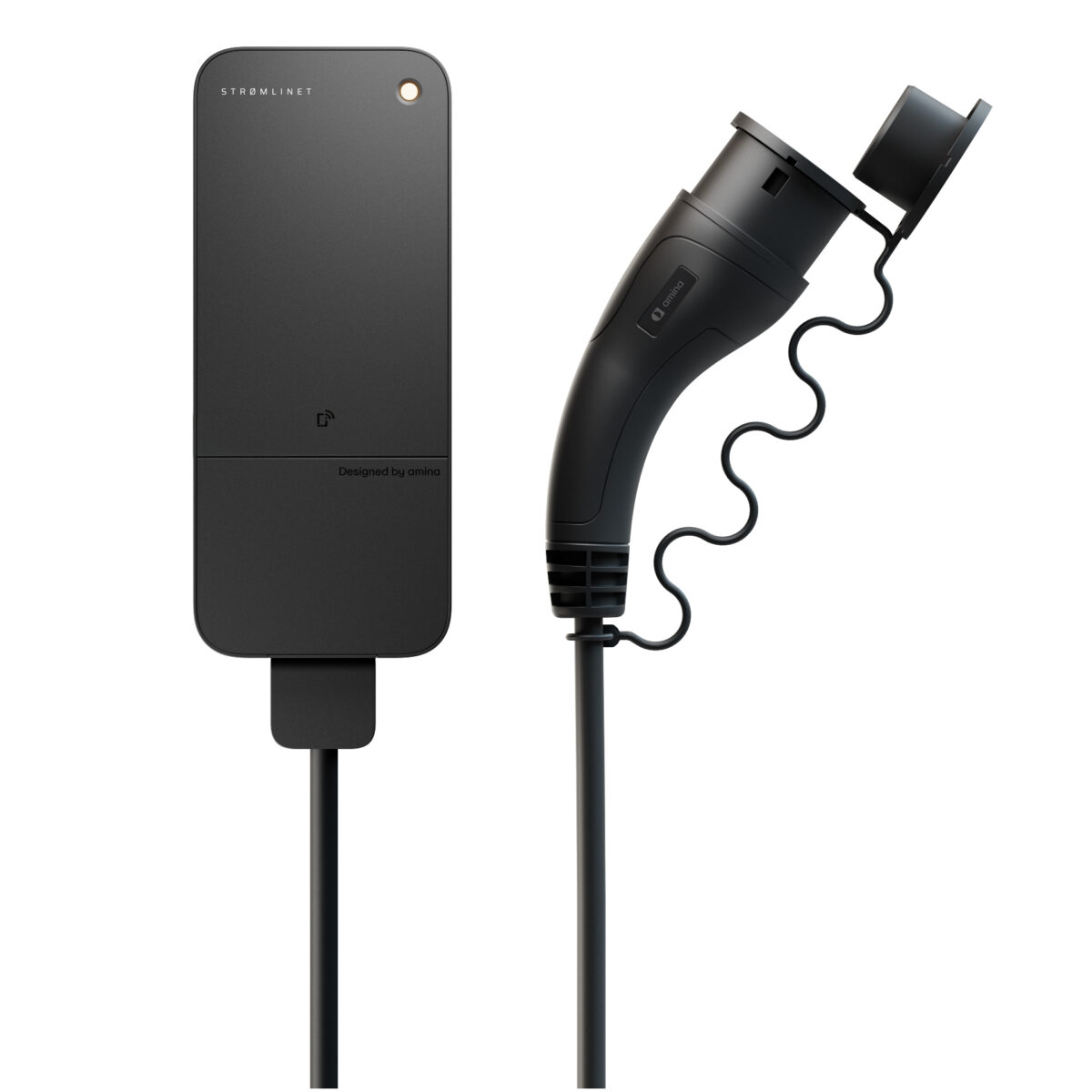 amina wall-mounted EV charger with Type 2 charging cable and connector, minimalist Scandinavian design for residential and multi-dwelling charging installations.