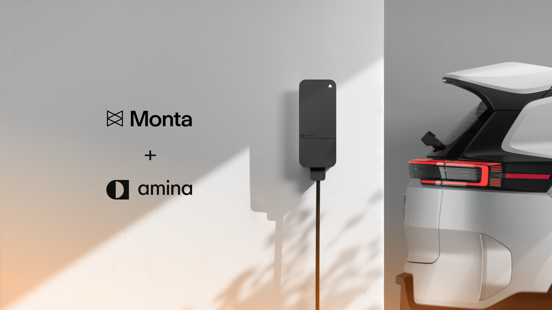 an amina charger C2 installed on a wall next to a Polestar 3 with the Monta and amina logos showing.