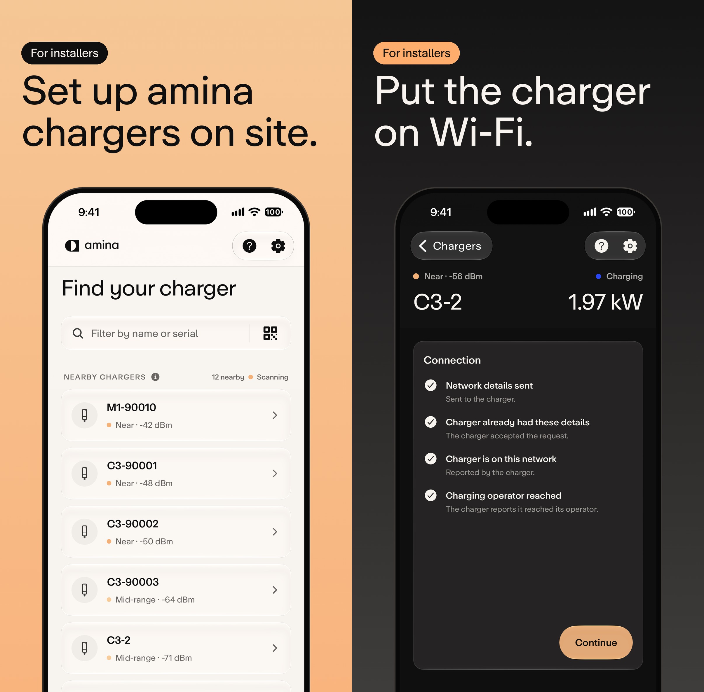 amina charging sovellus etsii lähistöllä olevia latauspisteitä ja tarkistaa Wi-Fi-yhteyden